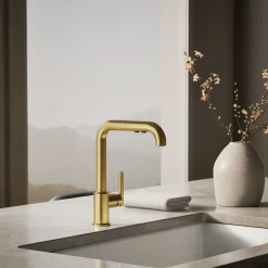 Pull-out kitchen sink faucet with three-function sprayhead
