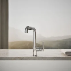 Pull-out kitchen sink faucet with three-function sprayhead