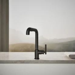 Pull-out kitchen sink faucet with three-function sprayhead