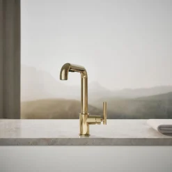 Pull-out kitchen sink faucet with three-function sprayhead