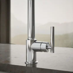 Pull-out kitchen sink faucet with three-function sprayhead