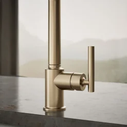 Pull-out kitchen sink faucet with three-function sprayhead