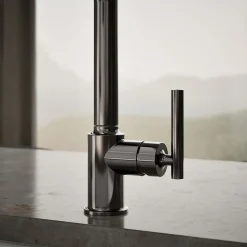 Pull-out kitchen sink faucet with three-function sprayhead