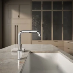 Pull-out kitchen sink faucet with three-function sprayhead