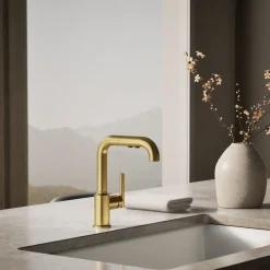Pull-out kitchen sink faucet with three-function sprayhead