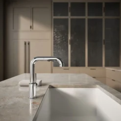 Pull-out kitchen sink faucet with three-function sprayhead