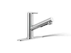 Pull-out kitchen sink faucet with three-function sprayhead