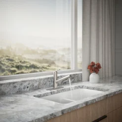 Pull-out kitchen sink faucet with three-function sprayhead