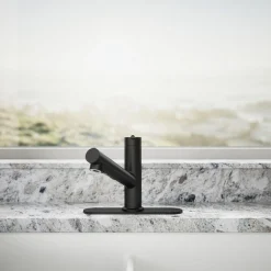 Pull-out kitchen sink faucet with three-function sprayhead