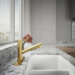 Pull-out kitchen sink faucet with three-function sprayhead