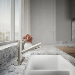 Pull-out kitchen sink faucet with three-function sprayhead