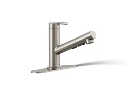 Pull-out kitchen sink faucet with three-function sprayhead
