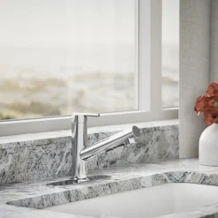 Pull-out kitchen sink faucet with three-function sprayhead