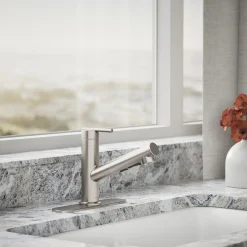 Pull-out kitchen sink faucet with three-function sprayhead