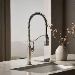 Semi-professional kitchen sink faucet with three-function sprayhead