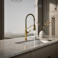 Semi-professional kitchen sink faucet with three-function sprayhead