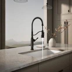 Semi-professional kitchen sink faucet with three-function sprayhead
