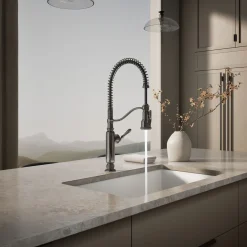 Semi-professional kitchen sink faucet with three-function sprayhead