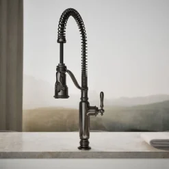 Semi-professional kitchen sink faucet with three-function sprayhead