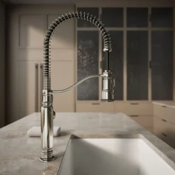 Semi-professional kitchen sink faucet with three-function sprayhead