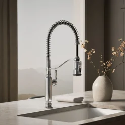 Semi-professional kitchen sink faucet with three-function sprayhead