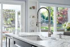 Semi-professional kitchen sink faucet with three-function sprayhead