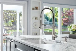 Semi-professional kitchen sink faucet with three-function sprayhead