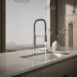 Semi-professional kitchen sink faucet with three-function sprayhead