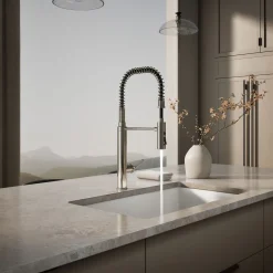 Semi-professional kitchen sink faucet with three-function sprayhead