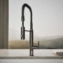 Semi-professional kitchen sink faucet with three-function sprayhead