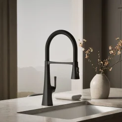 Semi-professional kitchen sink faucet with three-function sprayhead