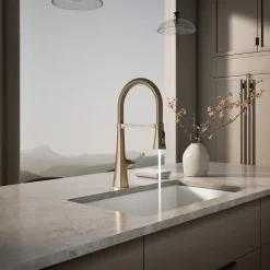 Semi-professional kitchen sink faucet with three-function sprayhead