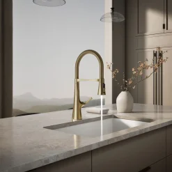 Semi-professional kitchen sink faucet with three-function sprayhead
