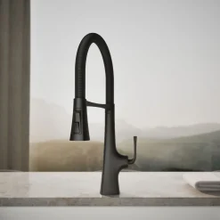 Semi-professional kitchen sink faucet with three-function sprayhead