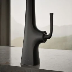 Semi-professional kitchen sink faucet with three-function sprayhead