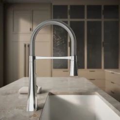 Semi-professional kitchen sink faucet with three-function sprayhead