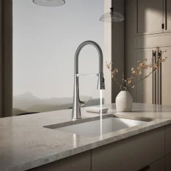 Semi-professional kitchen sink faucet with three-function sprayhead