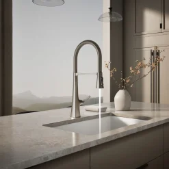 Semi-professional kitchen sink faucet with three-function sprayhead