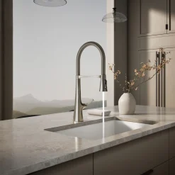 Semi-professional kitchen sink faucet with three-function sprayhead