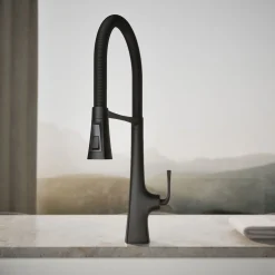Semi-professional kitchen sink faucet with three-function sprayhead