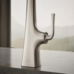 Semi-professional kitchen sink faucet with three-function sprayhead