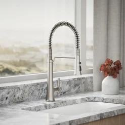 Semi-professional pull-down kitchen sink faucet with three-function sprayhead