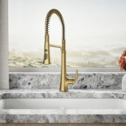 Semi-professional pull-down kitchen sink faucet with three-function sprayhead