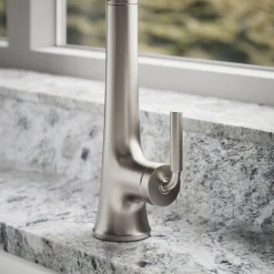 Semi-professional pull-down kitchen sink faucet with three-function sprayhead