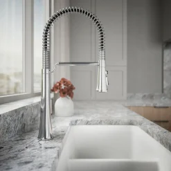 Semi-professional pull-down kitchen sink faucet with three-function sprayhead