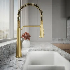 Semi-professional pull-down kitchen sink faucet with three-function sprayhead