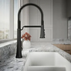 Semi-professional pull-down kitchen sink faucet with three-function sprayhead
