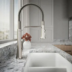 Semi-professional pull-down kitchen sink faucet with three-function sprayhead