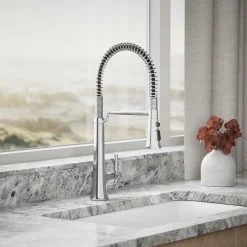 Semi-professional pull-down kitchen sink faucet with three-function sprayhead