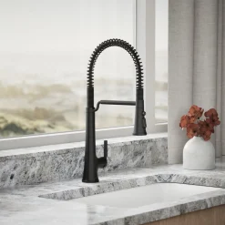 Semi-professional pull-down kitchen sink faucet with three-function sprayhead